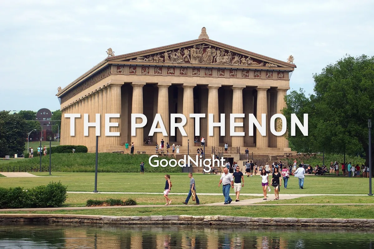 This image displays the iconic Parthenon at Centennial Park, surrounded by green park areas, visitors strolling, and the reflection of the structure in a tranquil body of water. The lively atmosphere suggests a variety of activities such as walking tours, photography, picnicking, and community events.