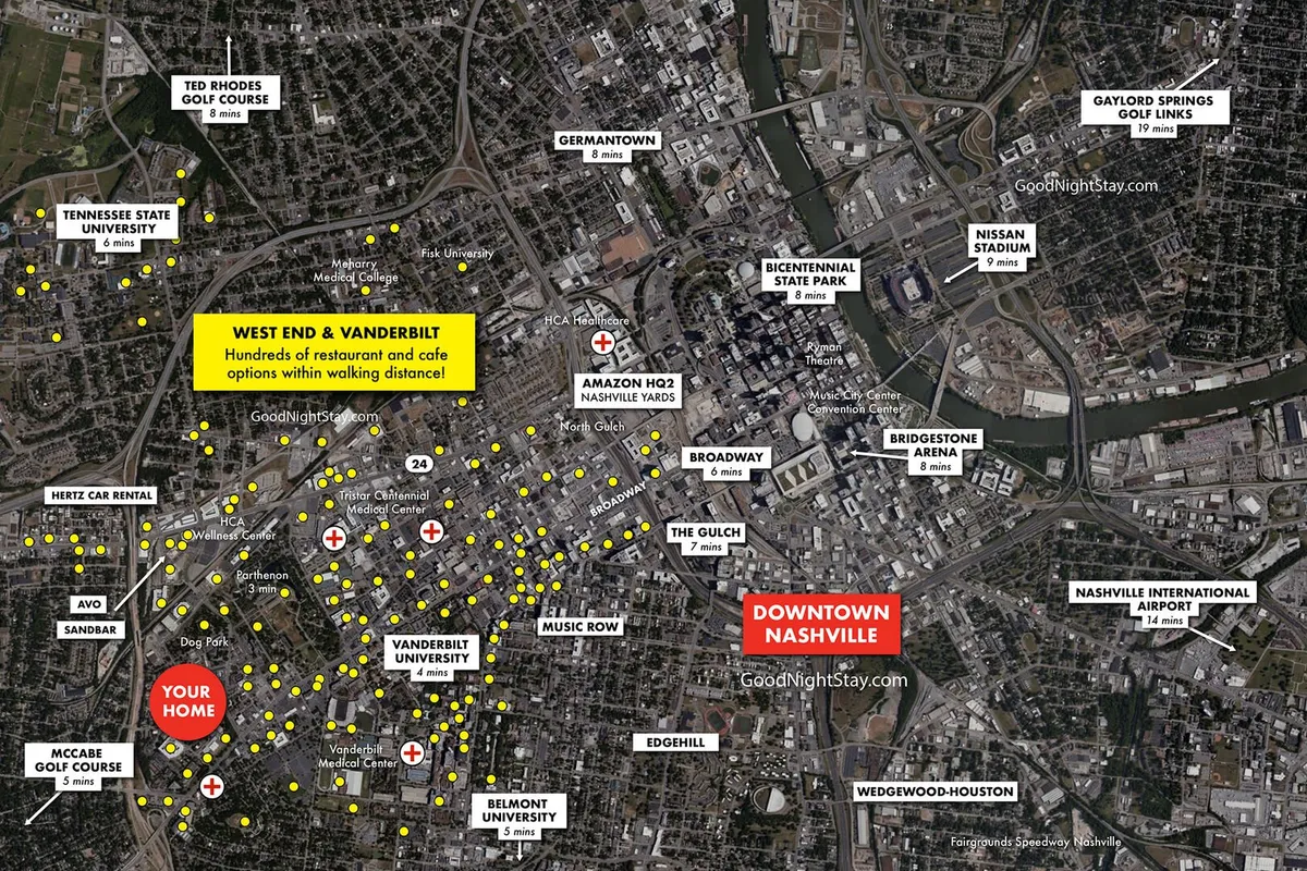 A sweeping view of West End and Vanderbilt, Downtown Nashville, and bustling local restaurants and cafes. The cityscape highlights the proximity to entertainment, dining, and cultural attractions, while a lively atmosphere invites exploration on foot.